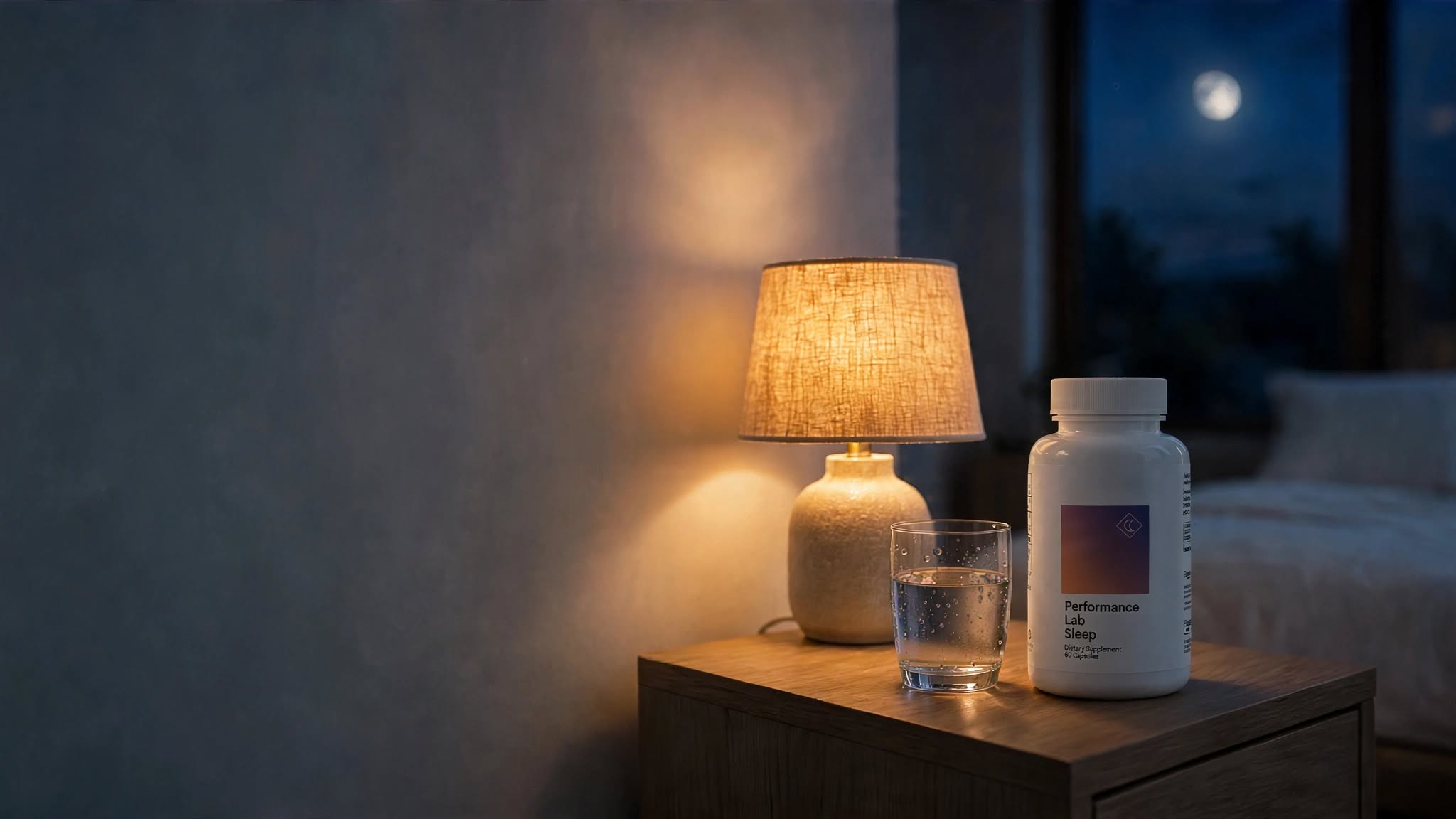 Performance Lab Sleep supplement on a bedside table in a nighttime bedroom setting