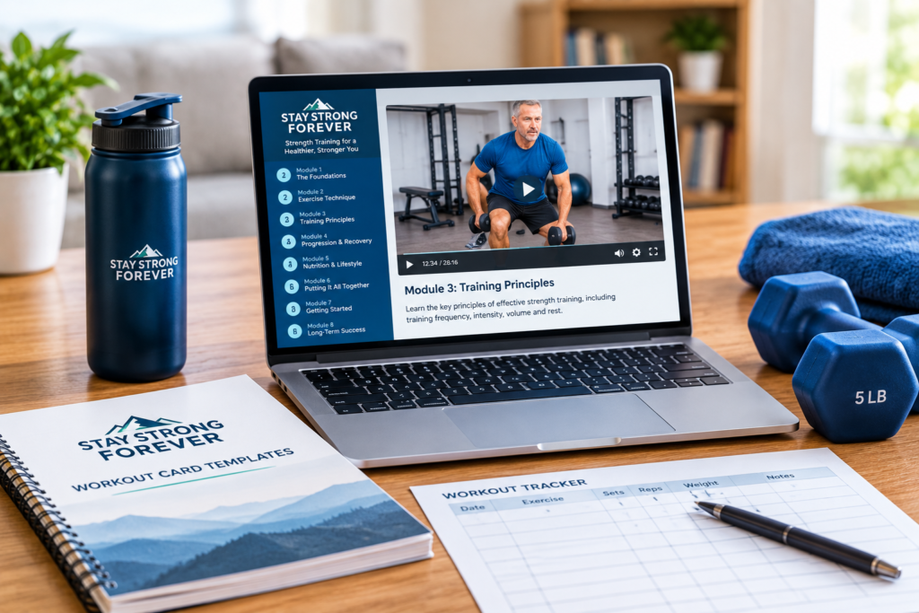 Stay Strong Forever strength training program displayed on a laptop with workout tracker, dumbbells, and training materials