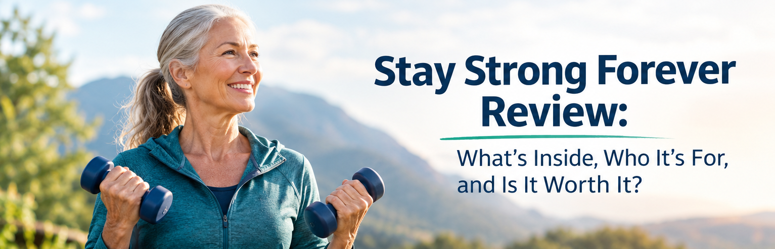 Stay Strong Forever review showing a woman over 50 doing strength training and the program displayed on a laptop