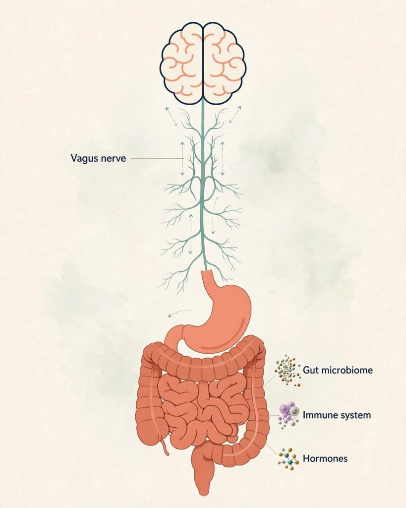 Medical illustration showing the brain, digestive system, and a pathway representing communication along the gut–brain axis.