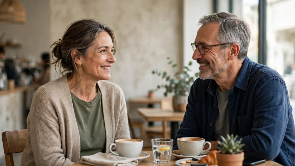Two adults in their 50s talking and getting to know each other over coffee.