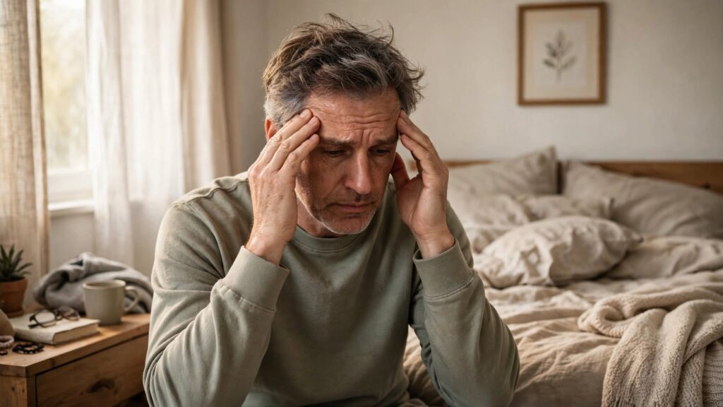 Older adult touching forehead and temples during a morning headache