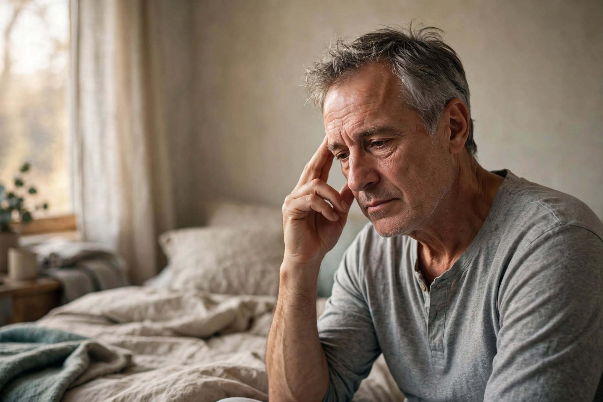 Man experiencing a mild headache after waking up